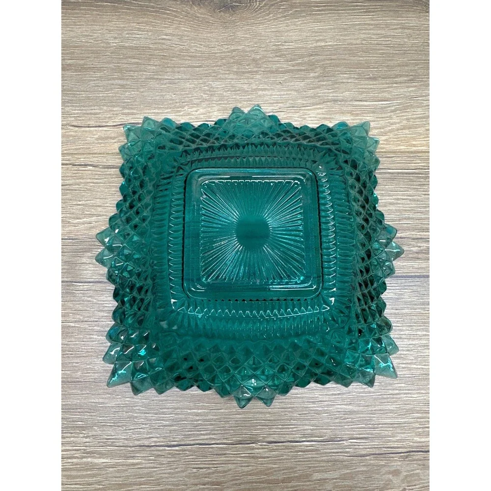 Vintage 1960s Indiana Glass Diamond Point Ruffle Edge Teal Candy Dish, 7 Inches